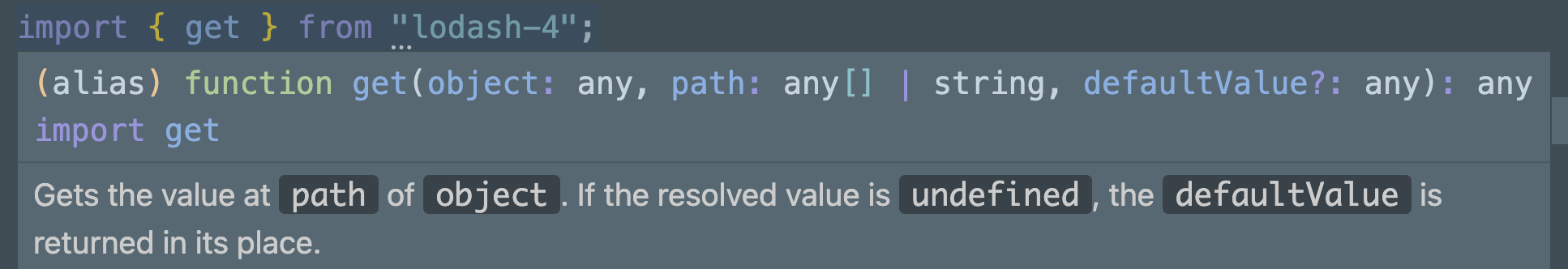 Screenshot of VS Code providing autocomplete and API information for lodash-4/get module.